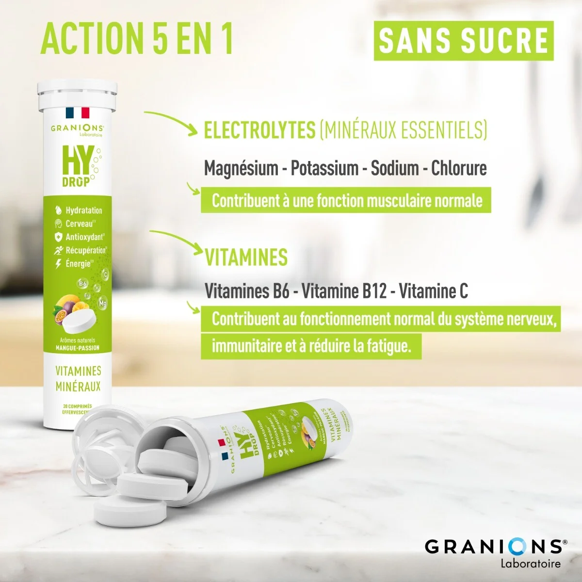 HYDROP - Pastilles Hydratation - Mangue/Passion - Sans Sucre - Electrolytes & Vitamines