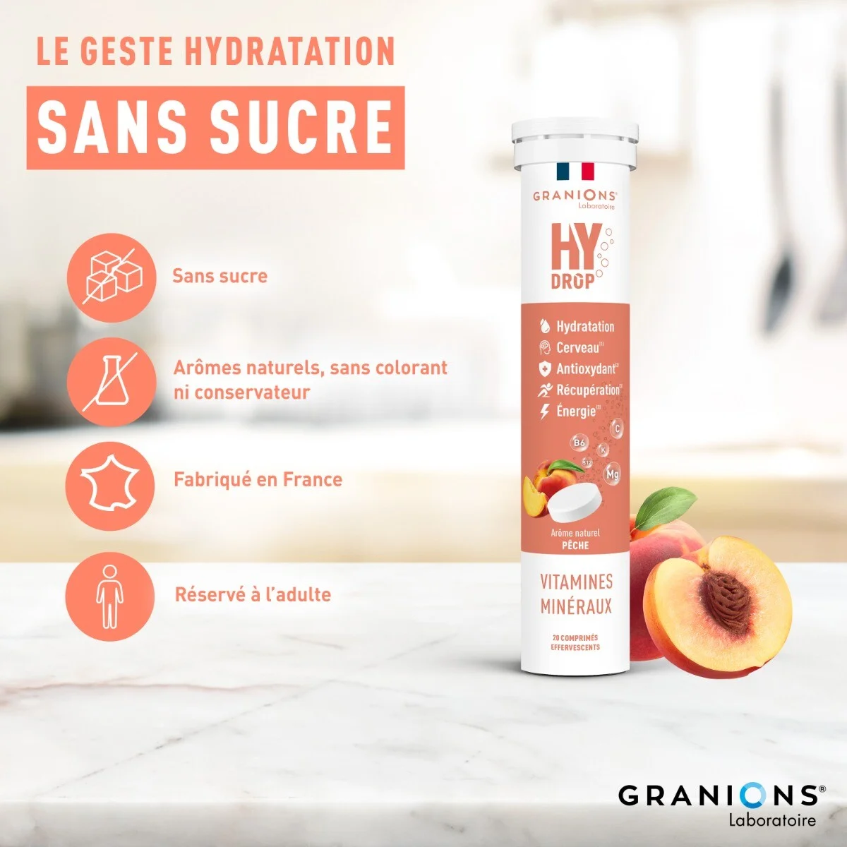 HYDROP - Pastilles Hydratation - Pêche - Sans Sucre - Electrolytes & Vitamines